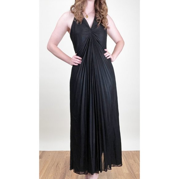 Vintage Pleated Draped Evening Gown Maxi Dress Front Slit Sleeveless Sexy Formal - Picture 6 of 6